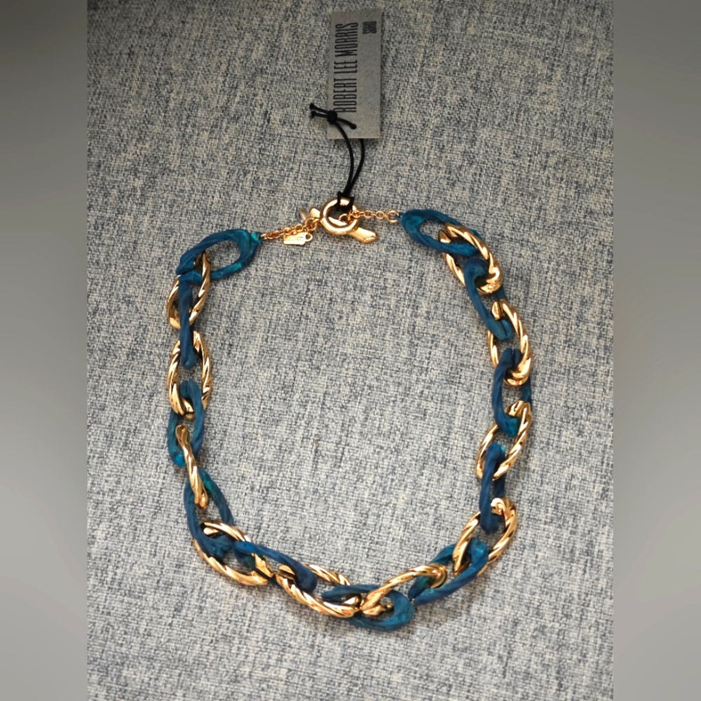 Robert Lee Morris SOHO Blue Patina and Gold Link Collar Frontal Necklace